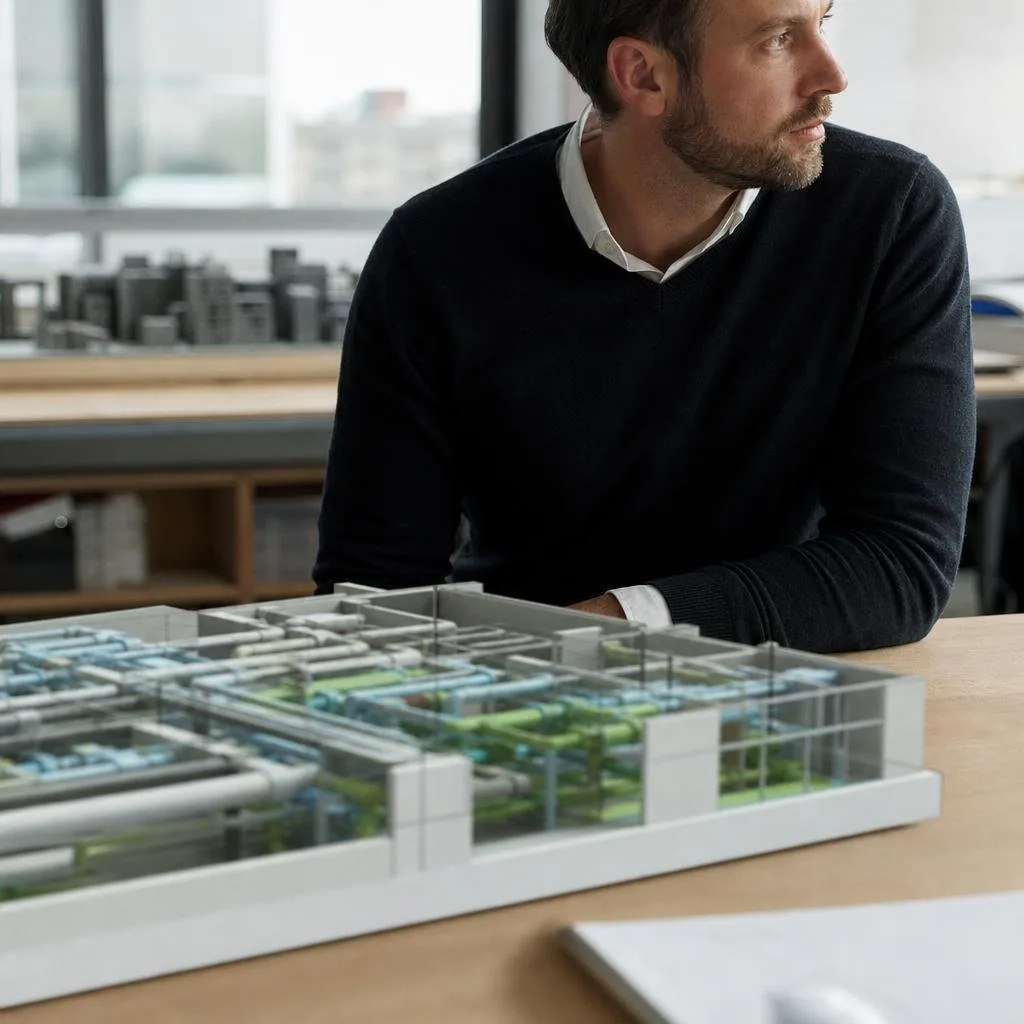 Engineer reviewing MEP drawings and a coordinated model